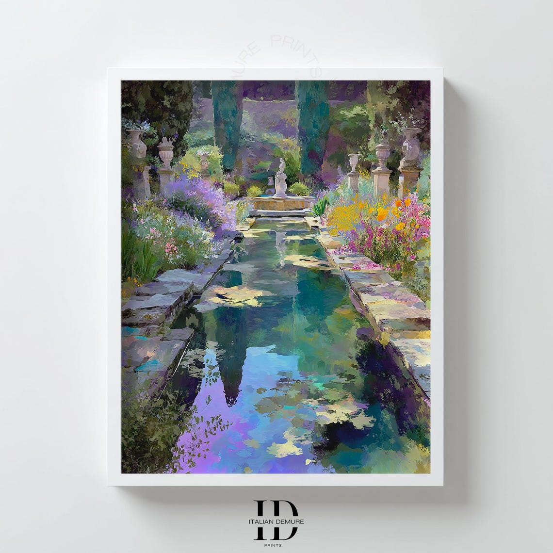 Mediterranean Garden Reflecting Pool Stone Statues Blooming Wall Art