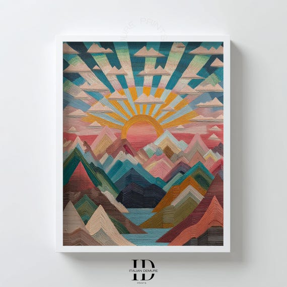 Sunrise Mountain Wall Art Colorful Abstract Landscape Print Boho Nature Poster Modern Outdoor Adventure Decor