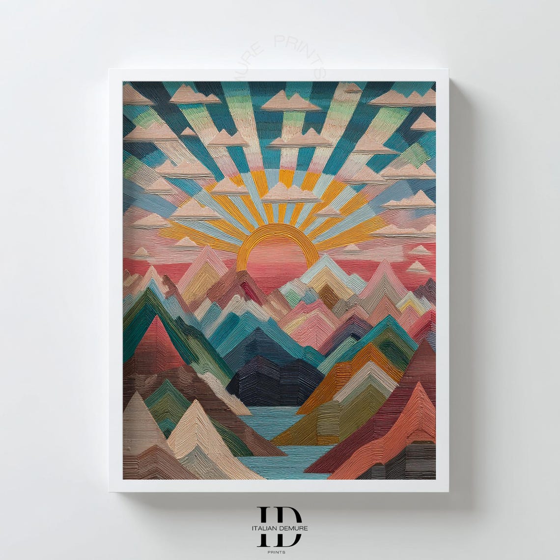Colorful Sunrise Mountain Landscape Textured Stitched Style Wall Art