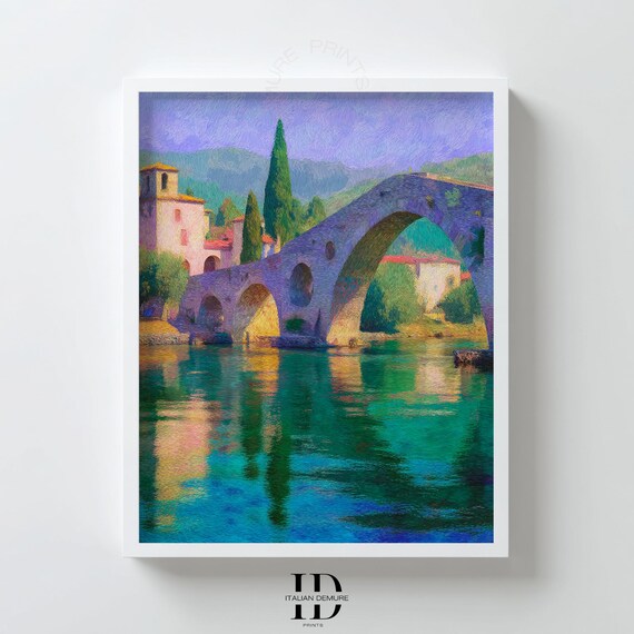 Old Stone Bridge Arching Over a Turquoise River Italian Village Art Print
