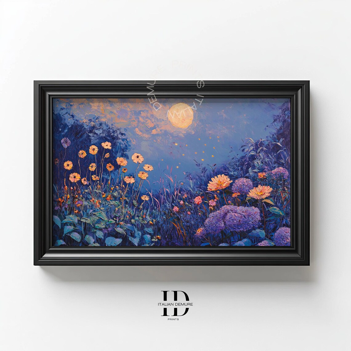 Moonlit Wildflower Meadow Fireflies Purple Night Garden Dream Wall Poster