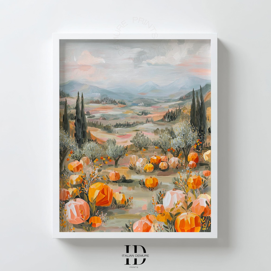 Pumpkin Field Autumn Countryside Cypress Trees Harvest Art Poster
