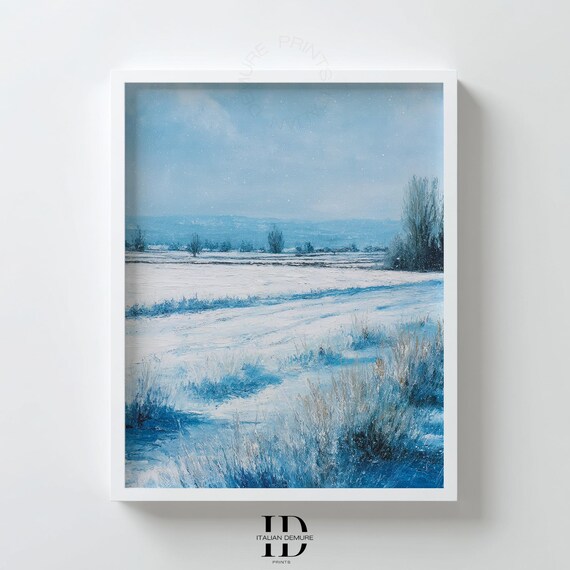 Snowy Landscape Wall Art Winter Nature Scene Blue Frosty Field Painting Minimalist Seasonal Decor Poster