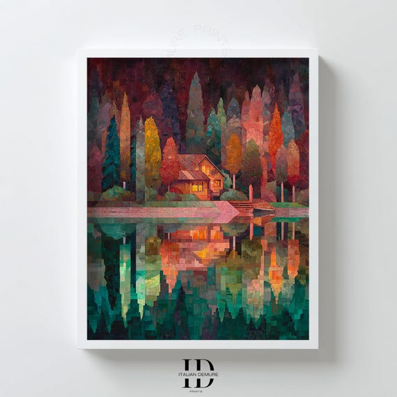 Cabin Lake Wall Art Abstract Autumn Forest Reflection Print Geometric Landscape Poster Cozy Cottage Paint Nature Decor