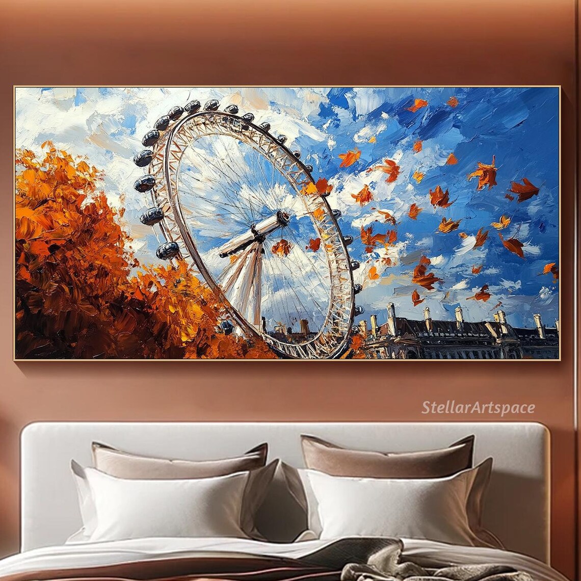 London Eye Autumn Falling Leaves Blue Sky Cityscape Travel Poster