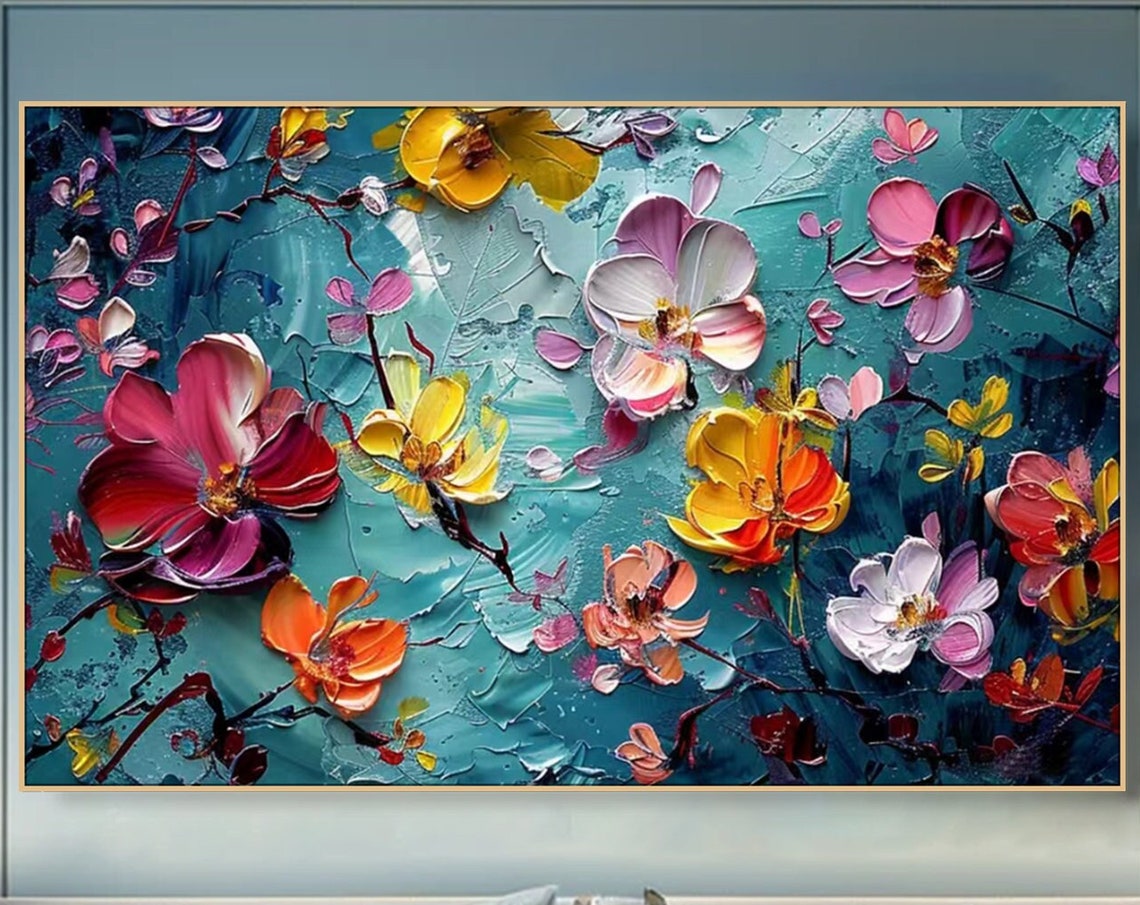 Vibrant Blossom Bouquet Pink Yellow Turquoise Impasto Floral Poster