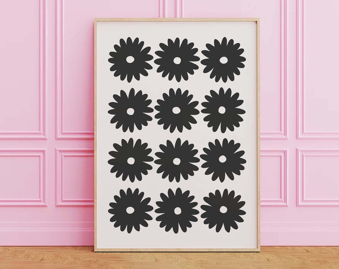White Daisy Flower Grid Black Background Botanical Minimal Poster