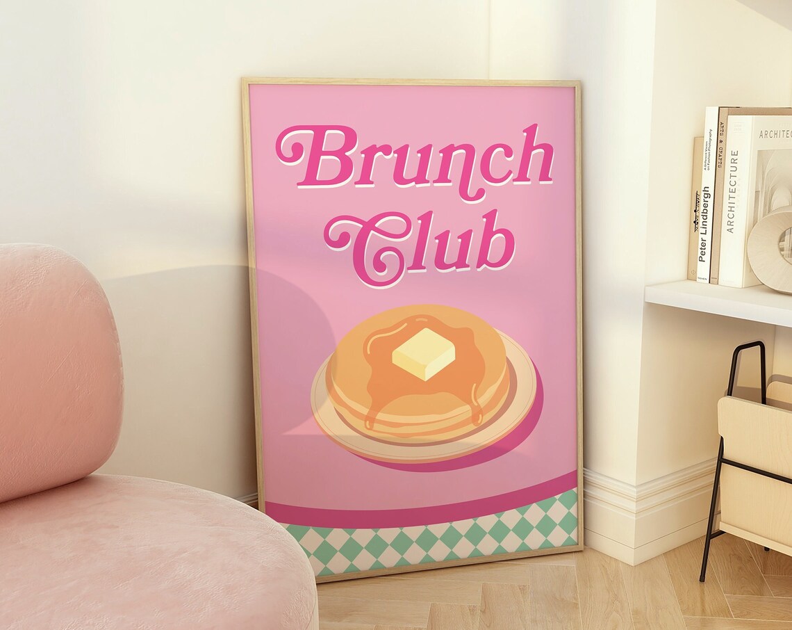 Brunch Club Pink Pancakes Retro Kitchen Breakfast Food Poster