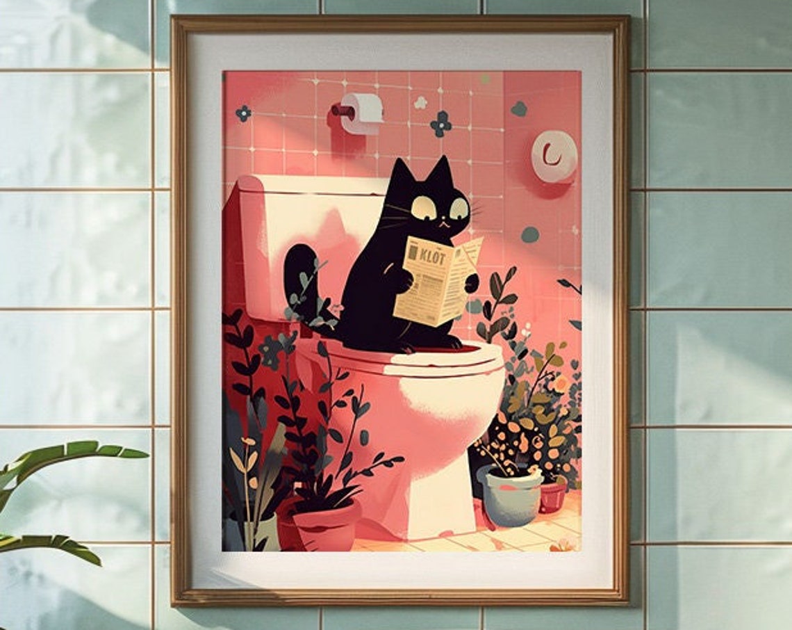 Bathroom Black Cat Reading Newspaper on Toilet Funny Cat Poster - Image 3