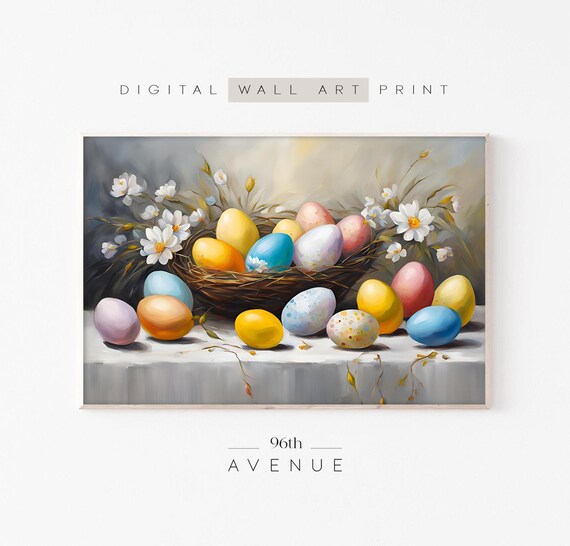 Colorful Easter Eggs In Nest With Daisies Still Life Painting Wall Poster