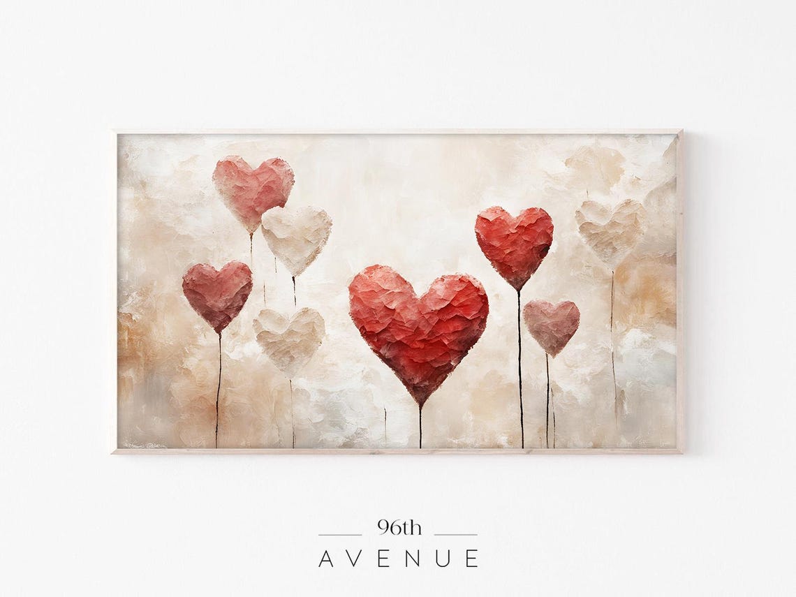 Red Heart Balloons on Strings Beige Textured Romantic Art Print