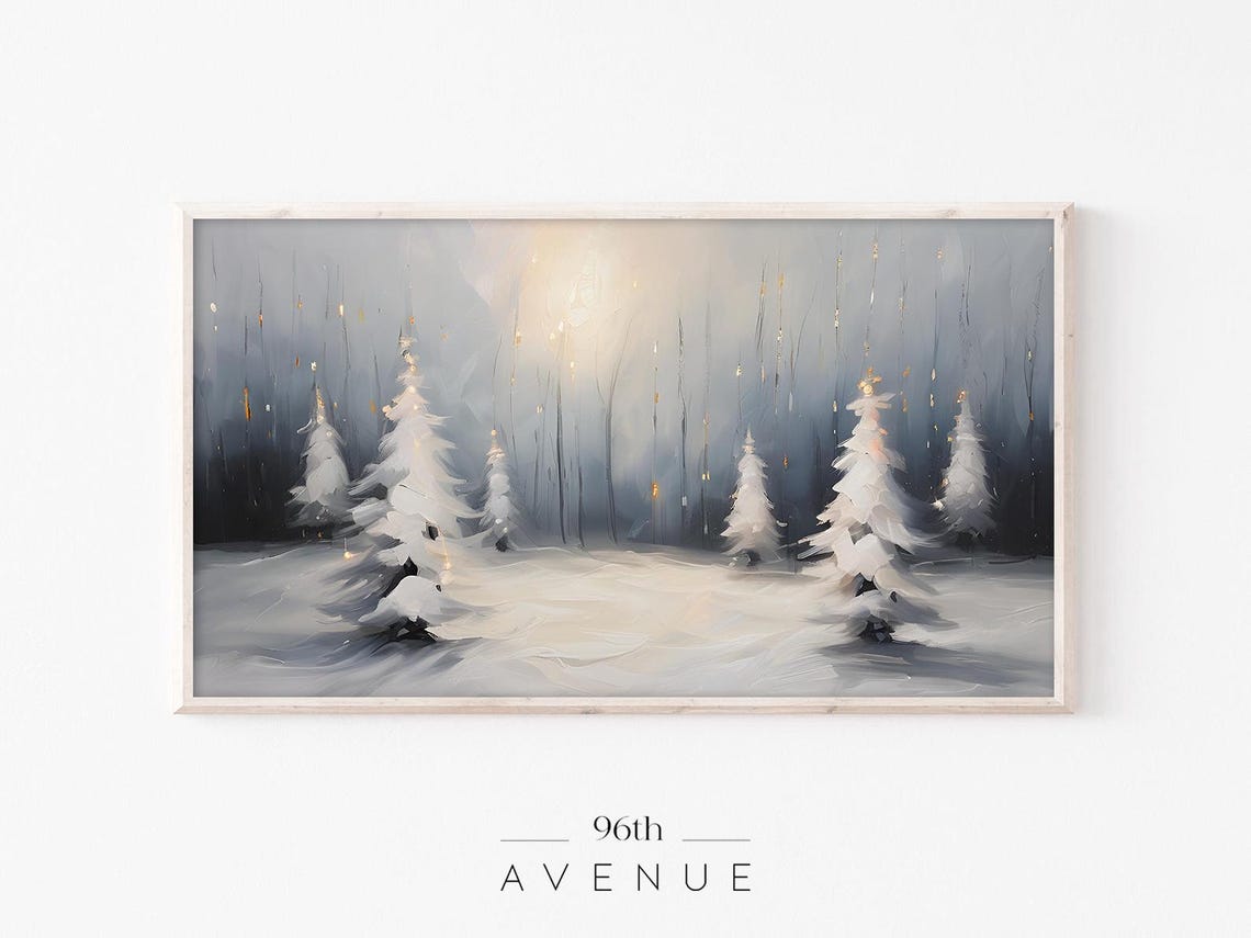 Snowy White Christmas Trees with Glowing Holiday Lights Poster