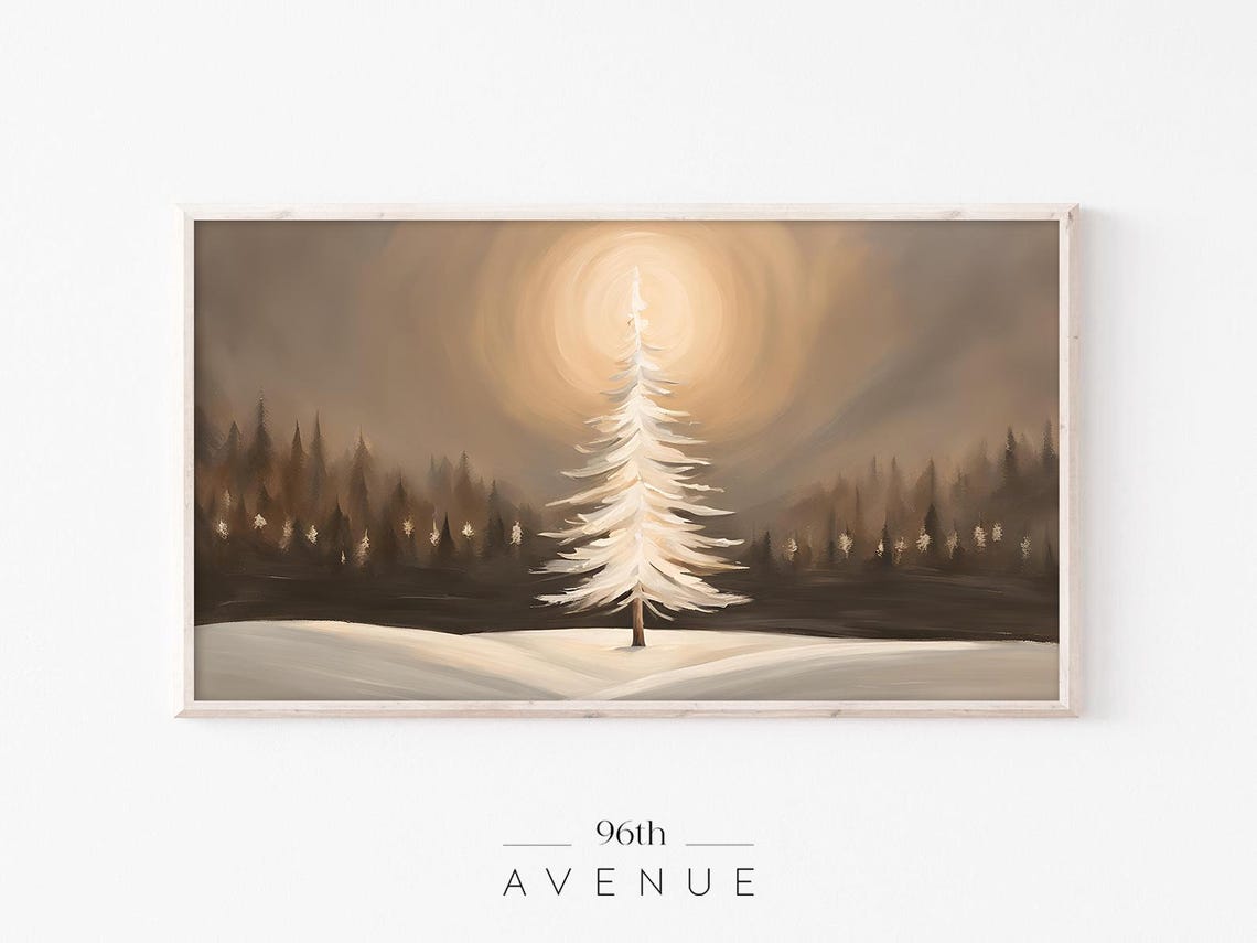 White Christmas Tree Under Glowing Moon Winter Forest Painting Print