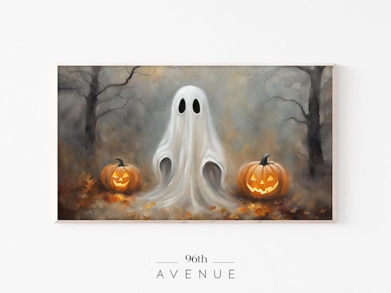 Cute Ghost Between Glowing Jack O Lanterns In Fall Forest Poster