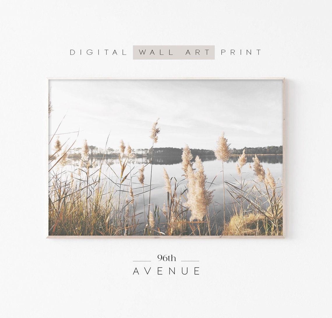 Reeds Framing Calm Lake Soft Neutral Waterside Morning Print