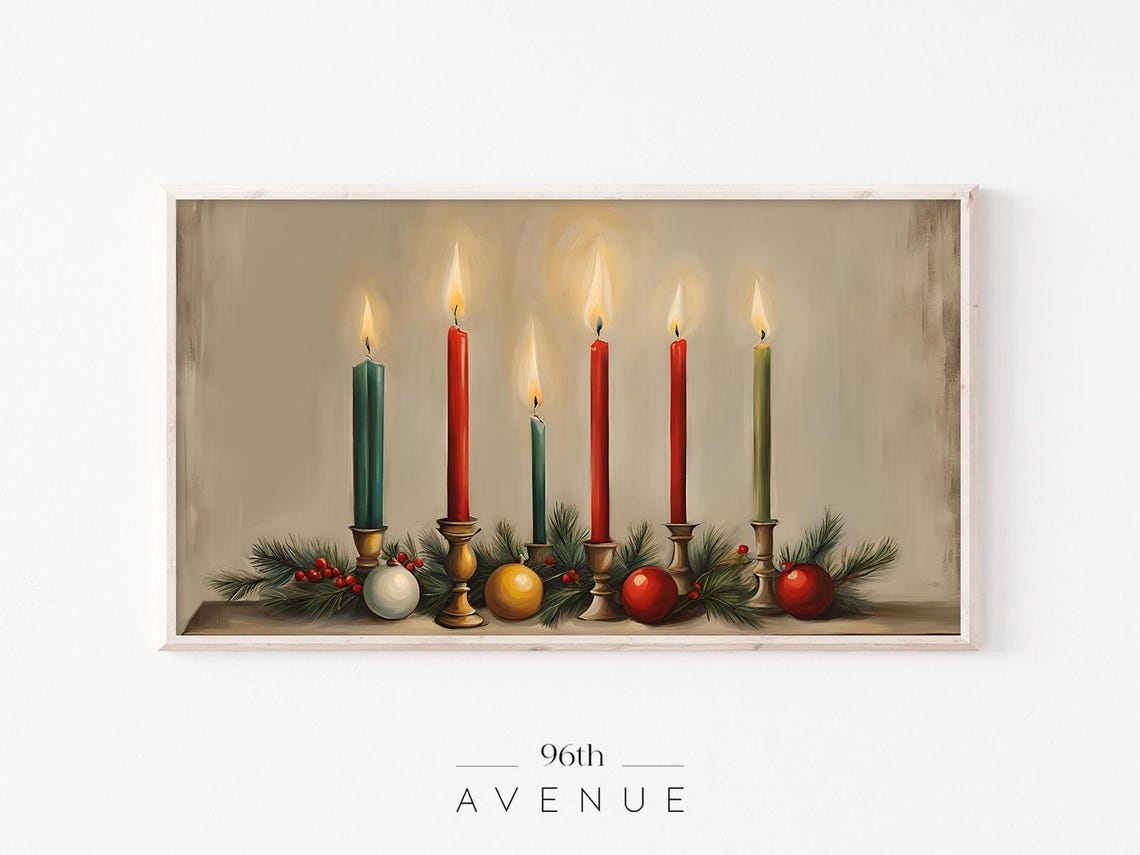 Christmas Candles in Red and Green With Pine Ornaments Print