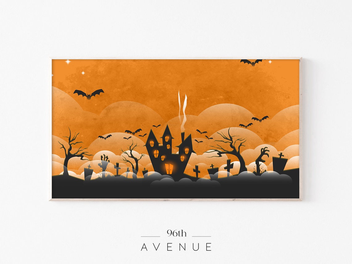 Haunted House Graveyard Bats Orange October Sky Halloween Poster