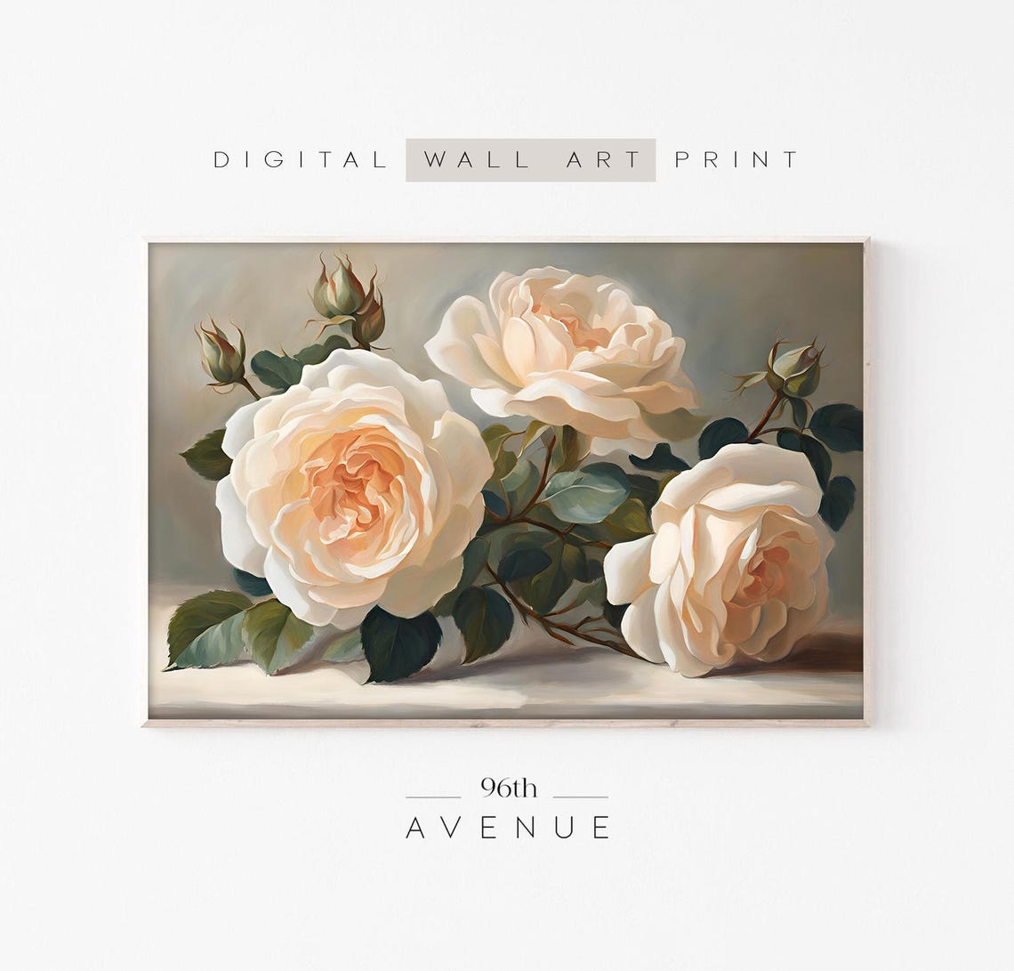 Cream White Rose Bouquet Still Life Painting Elegant Wall Decor Poster