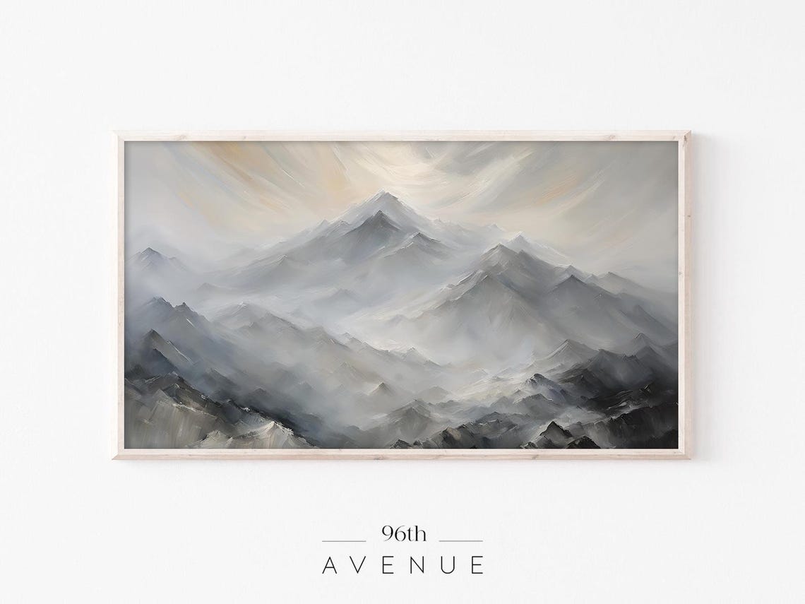 Peaceful Misty Gray Mountain Peaks Soft Watercolor Landscape Print