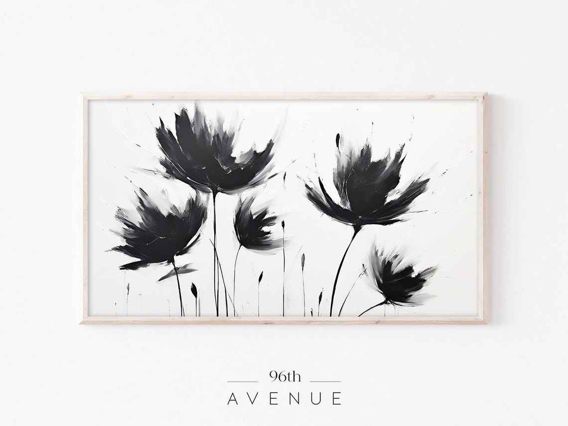 Bold Black Abstract Ink Flowers Modern Minimalist Botanical Art Poster