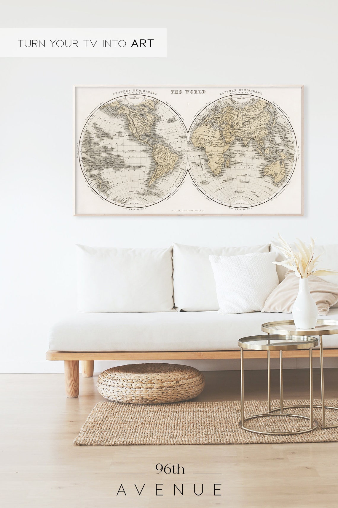 Antique World Map Western Eastern Hemisphere Vintage Map Poster - Image 2