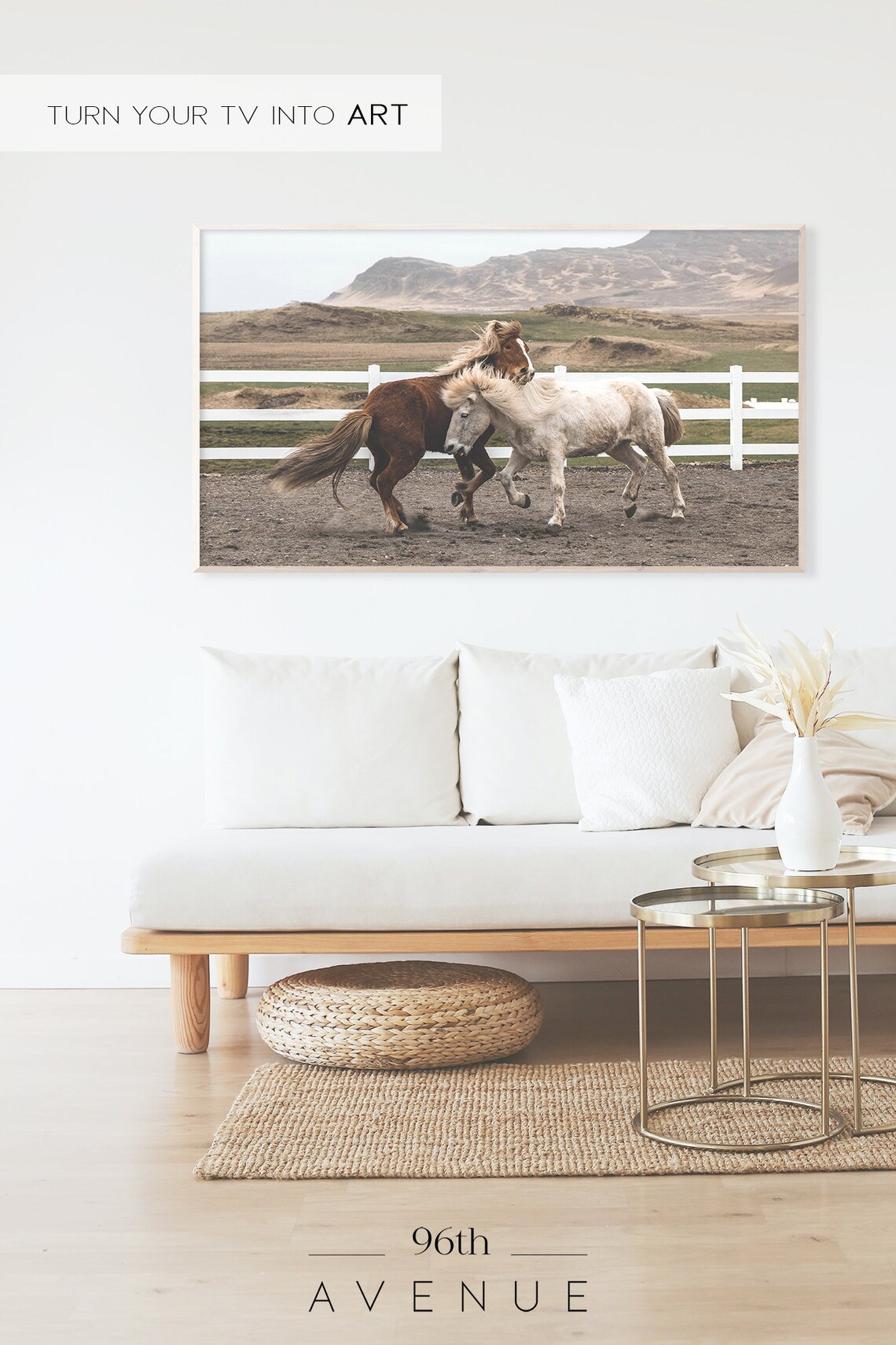 Icelandic Horses Playing White Fence Mountain Field Photo Poster - Image 2