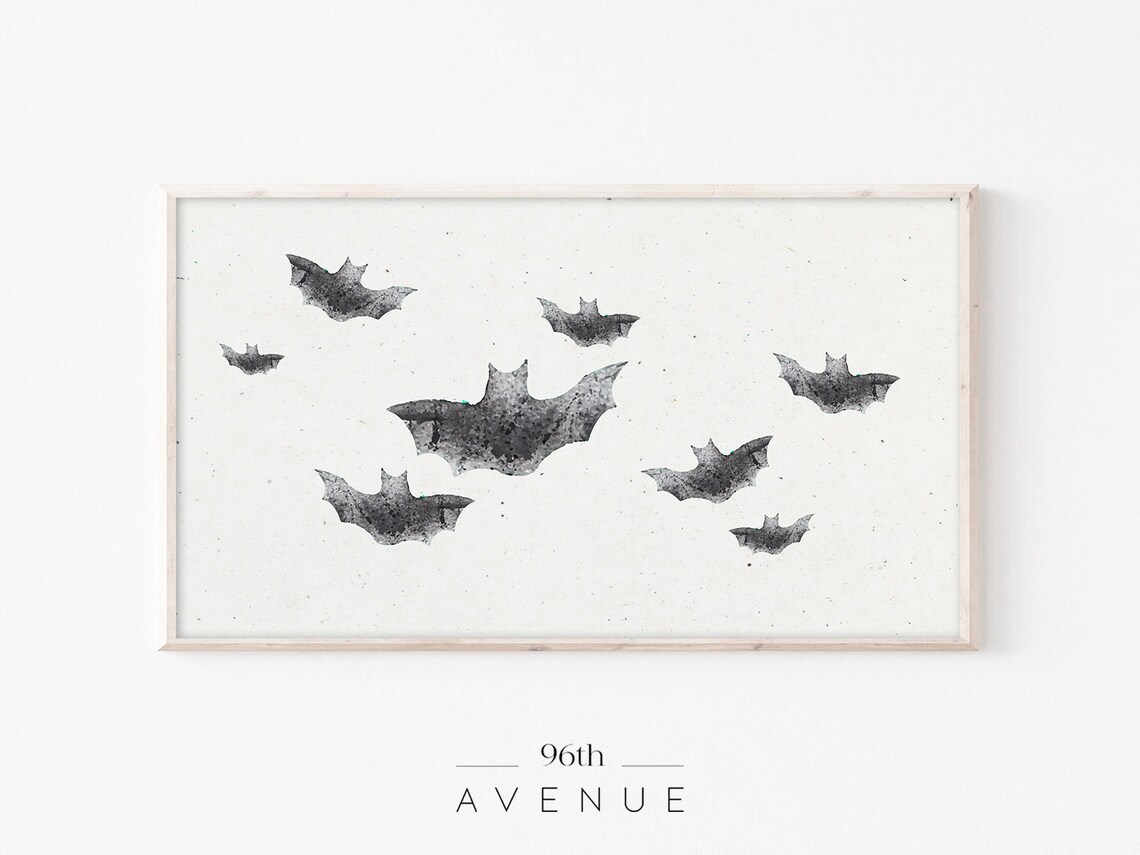 Seven Black Watercolor Bats Flying on White Minimal Halloween Poster
