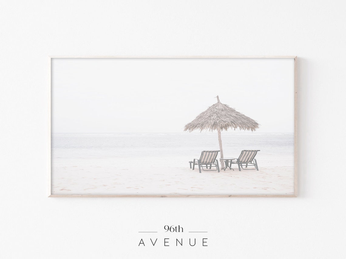 Whitewashed Beach Thatched Umbrella Two Chairs Minimal Poster