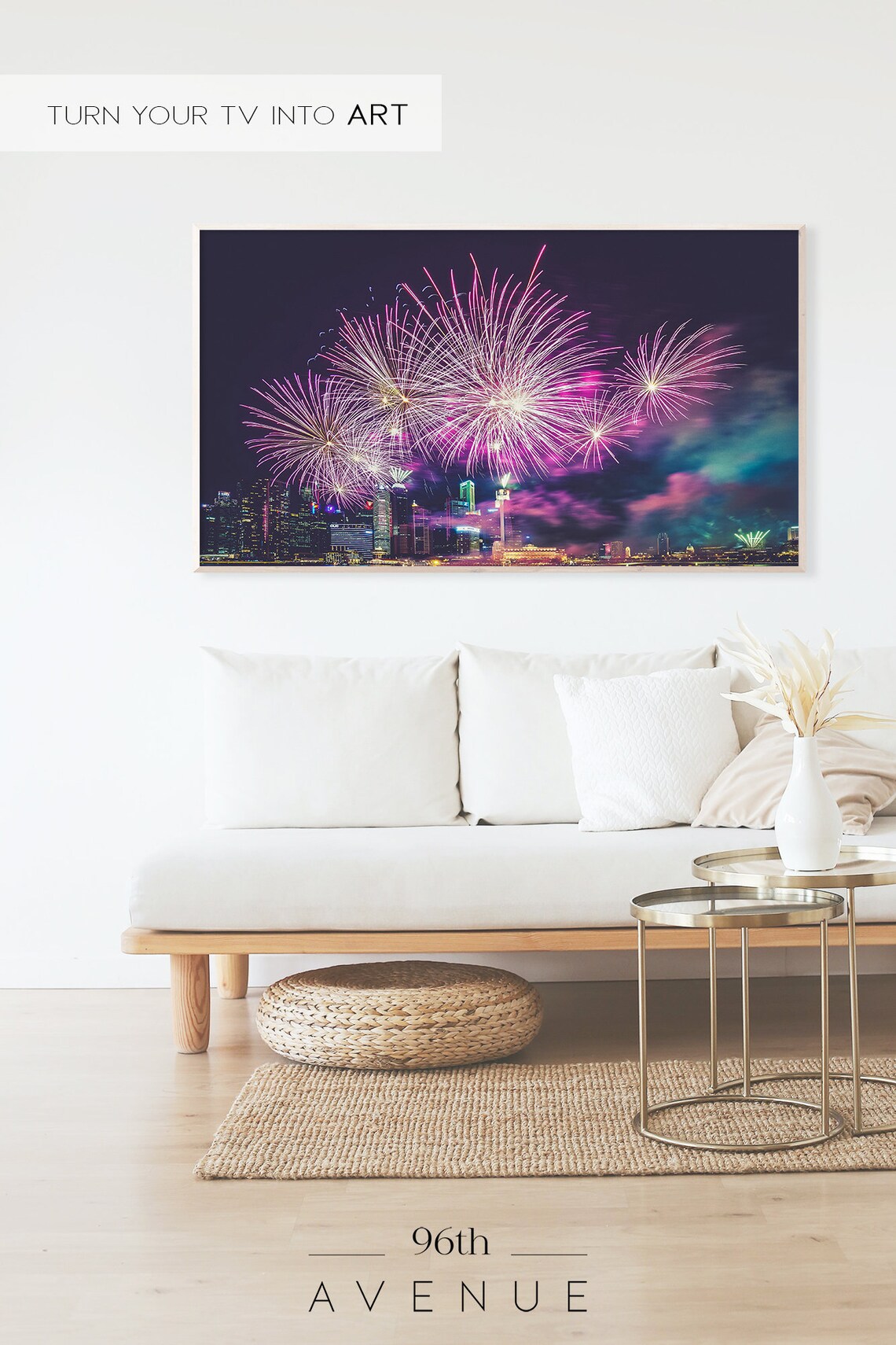 Colorful Fireworks Over City Skyline Night Celebration Poster - Image 2