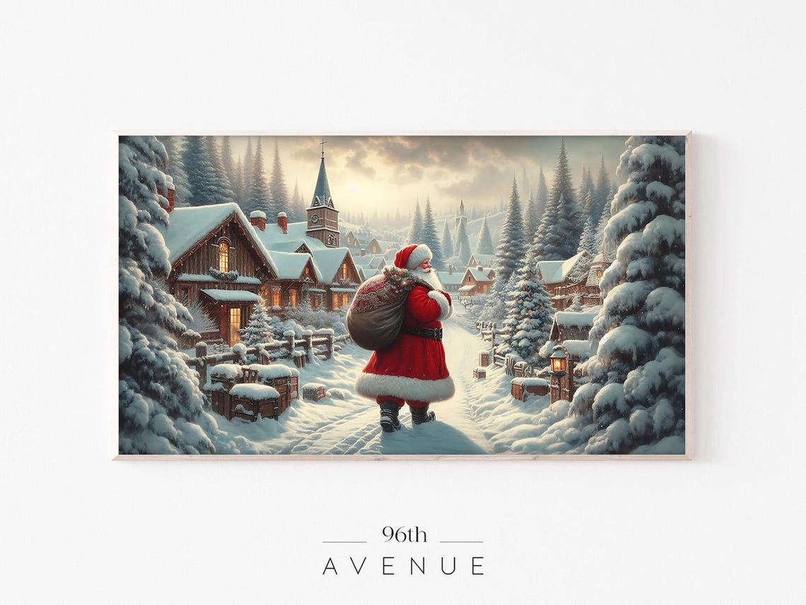 Santa Claus Walking Through Snowy Village Christmas Scene Poster