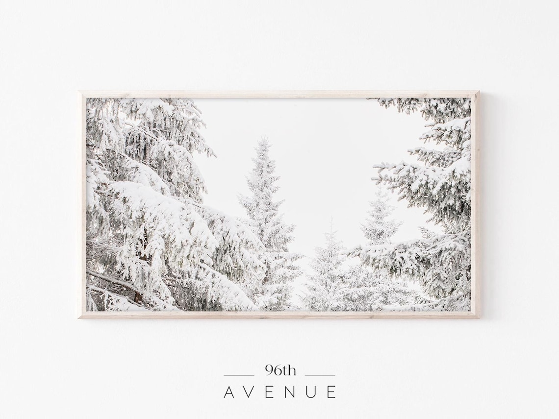 Snow Covered White Evergreen Trees Minimalist Winter Photo Print