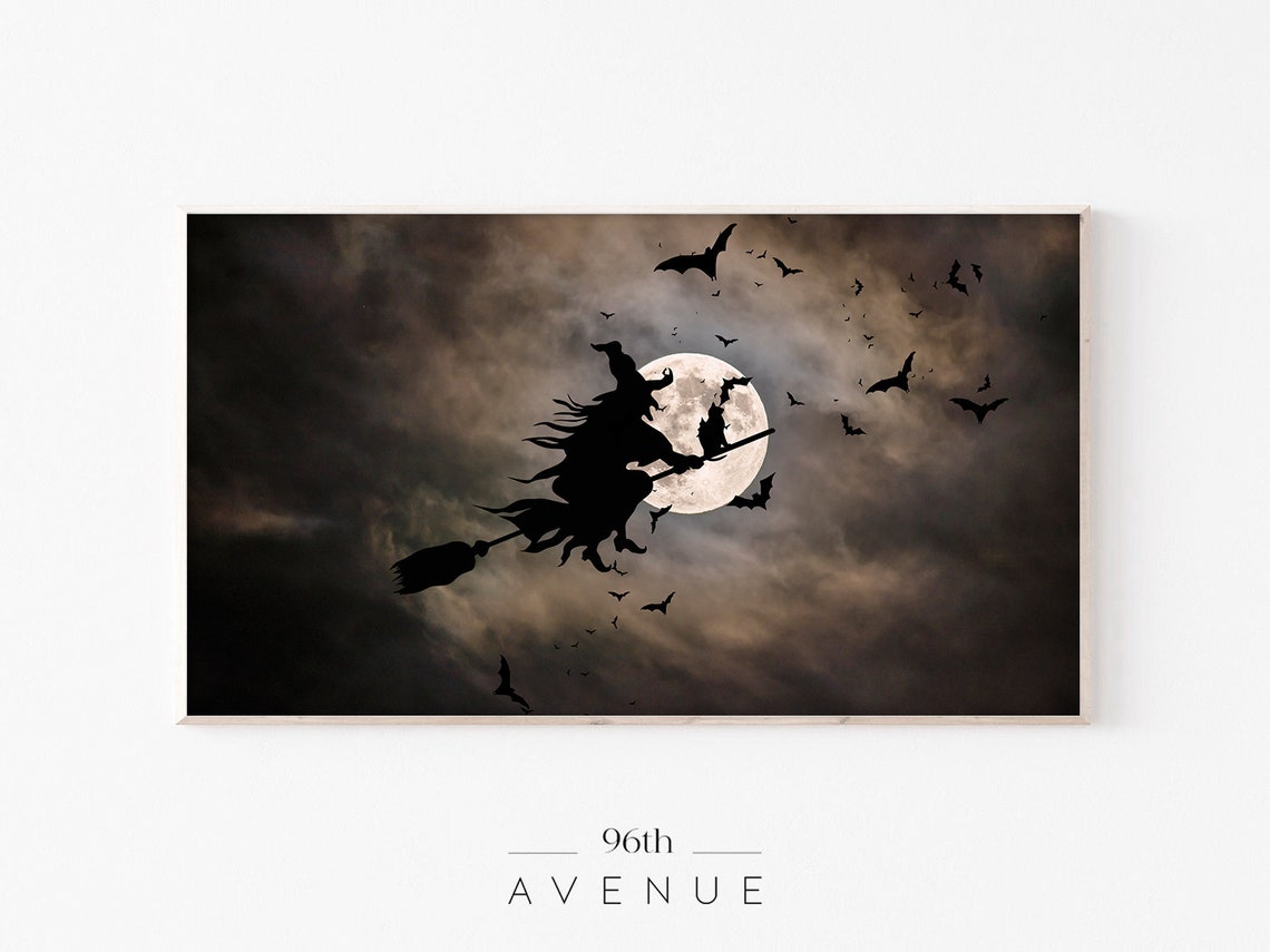 Flying Witch Silhouette Over Full Moon With Bats Halloween Poster