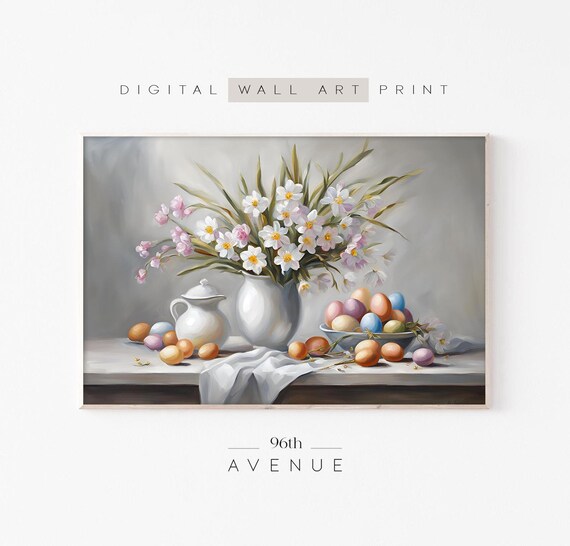 Easter Still Life Painting White Vase Flowers And Pastel Eggs Wall Poster