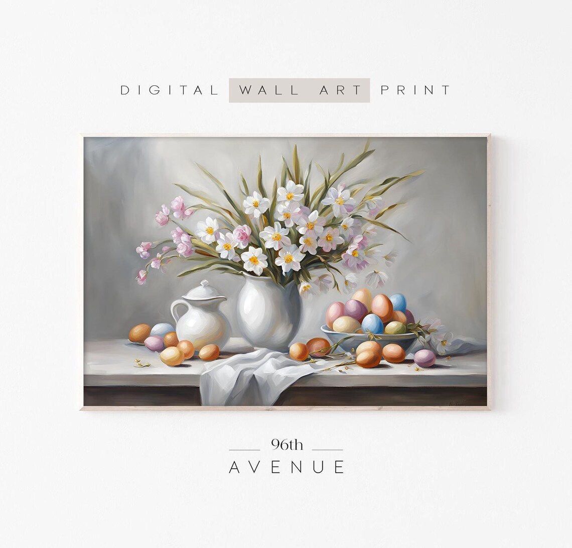 Easter Still Life Painting White Vase Flowers And Pastel Eggs Wall Poster