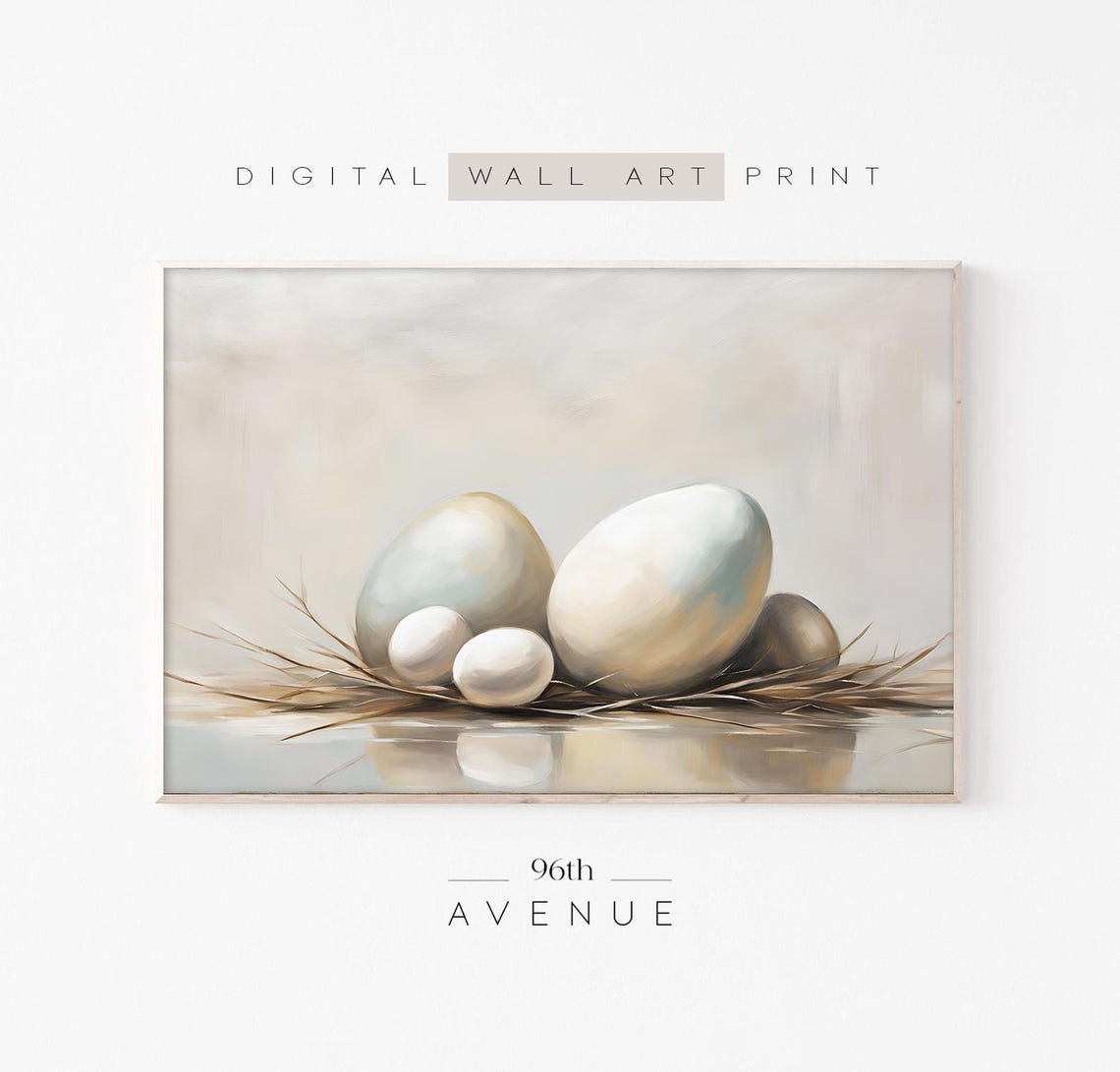 Neutral Eggs in a Nest Still Life Minimalist Easter Art Print