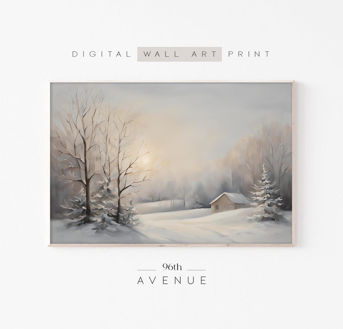 Neutral Winter Landscape With Snowy Cabin and Bare Trees Print