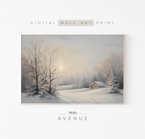 Neutral Winter Landscape With Snowy Cabin and Bare Trees Print