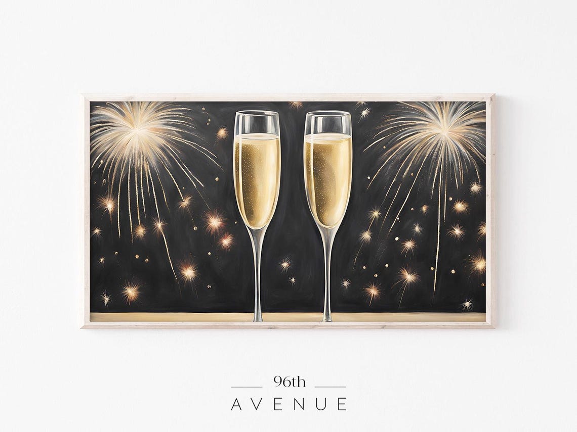 Champagne Toast Golden Fireworks New Year Night Painting Poster
