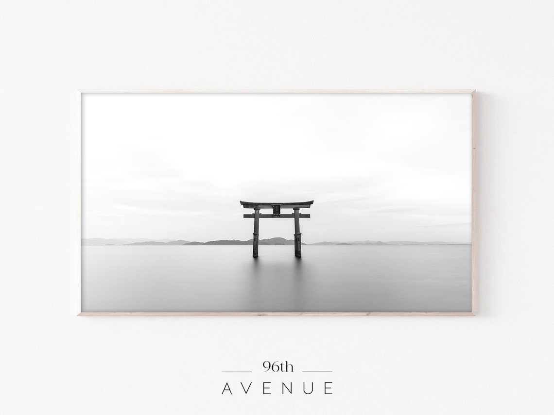 Minimalist Japanese Torii Gate Standing in Calm Water Poster