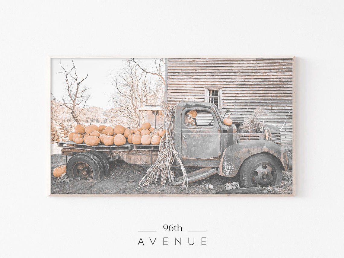 Vintage Pickup Truck Pumpkins Old Barn Fall Harvest Scene Poster