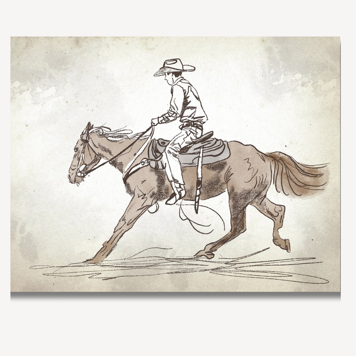 Cowboy Riding Horseback Sepia Sketch Western Ranch Art Poster - Image 2