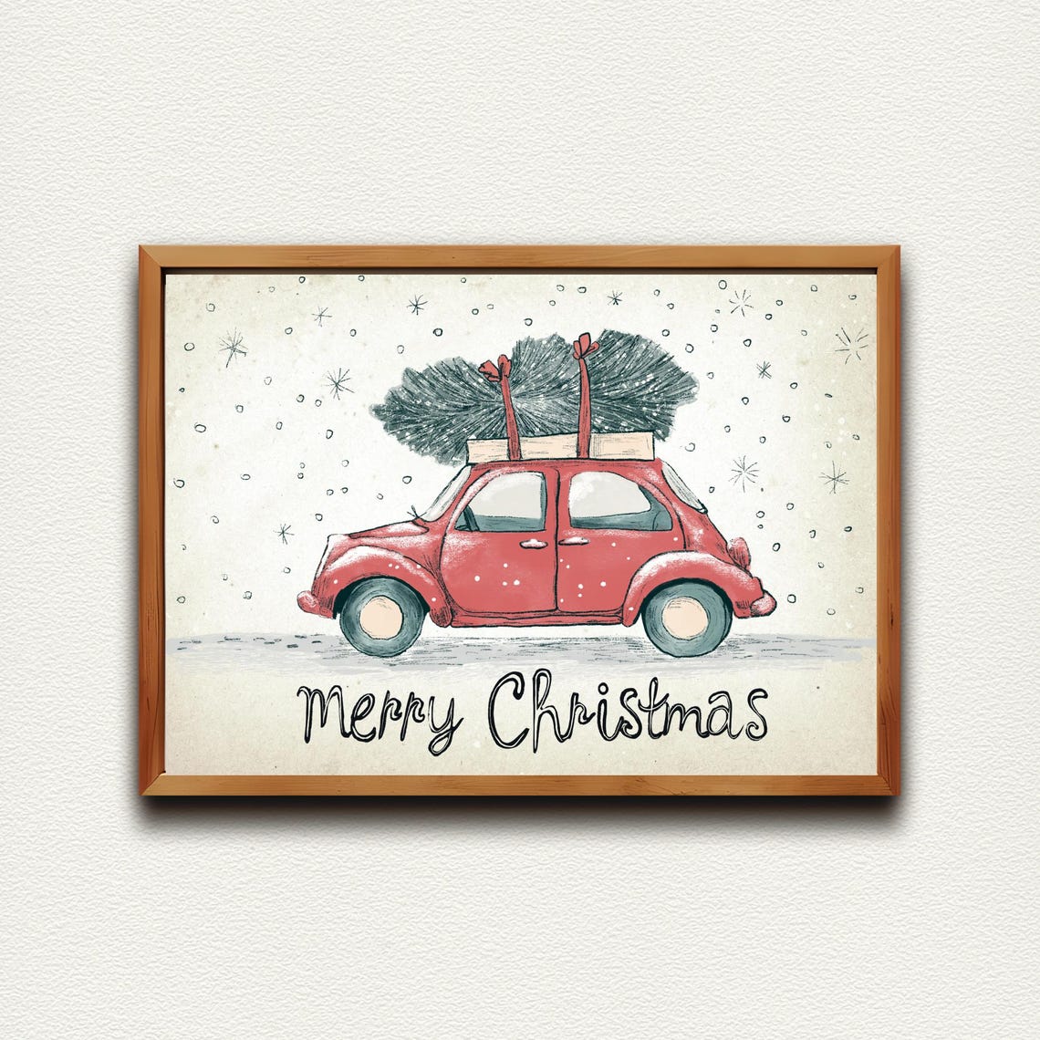 Red Vintage Car Carrying Christmas Tree Merry Christmas Print - Image 4