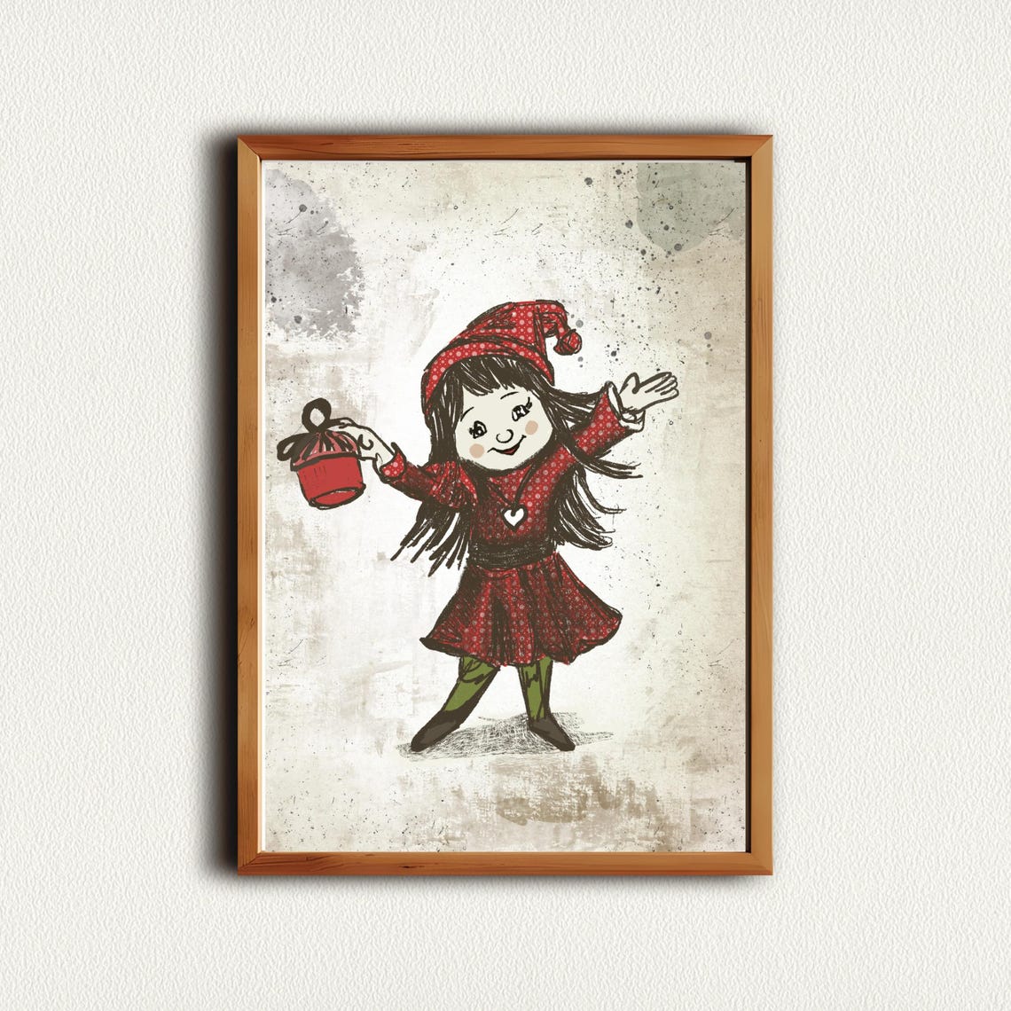 Dancing Christmas Elf Girl With Bell Red Polka Dot Dress Poster - Image 4