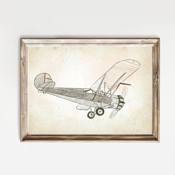 Vintage Biplane Airplane Pencil Sketch Boys Room Decor Wall Art