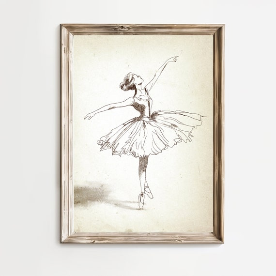 Vintage Ballerina Gallery Wall Neutral Rustic Sketch Art Dancing Ballerina Illustration