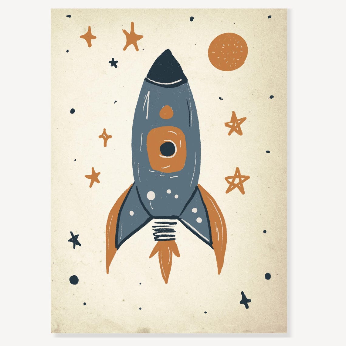 Vintage Blue Rocket Ship With Orange Sun Nursery Space Room Poster - Image 2