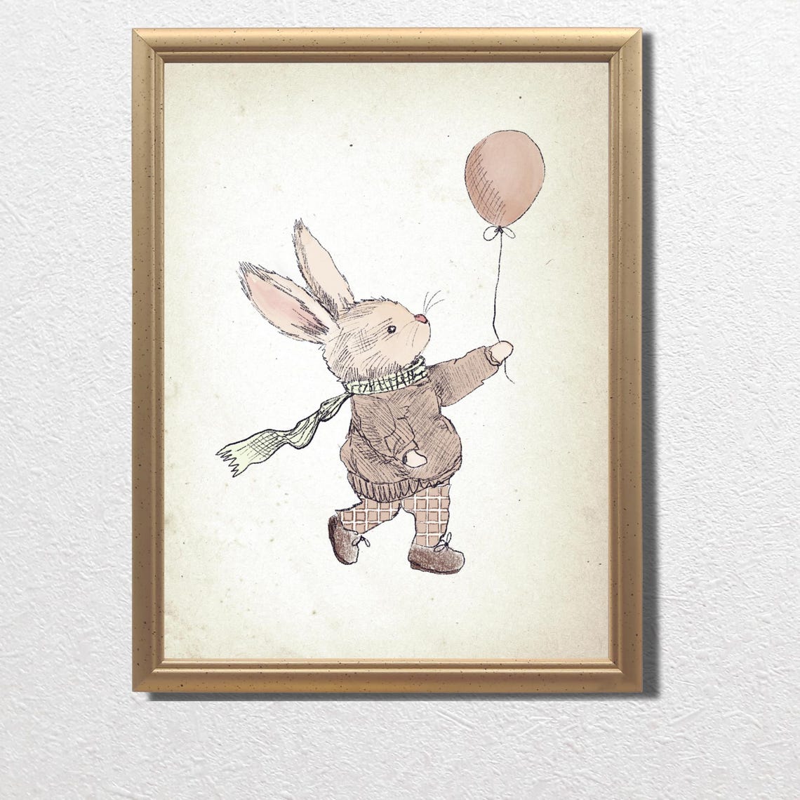Cute Bunny In Sweater Holding Pink Balloon Nursery Sketch Poster - Image 3