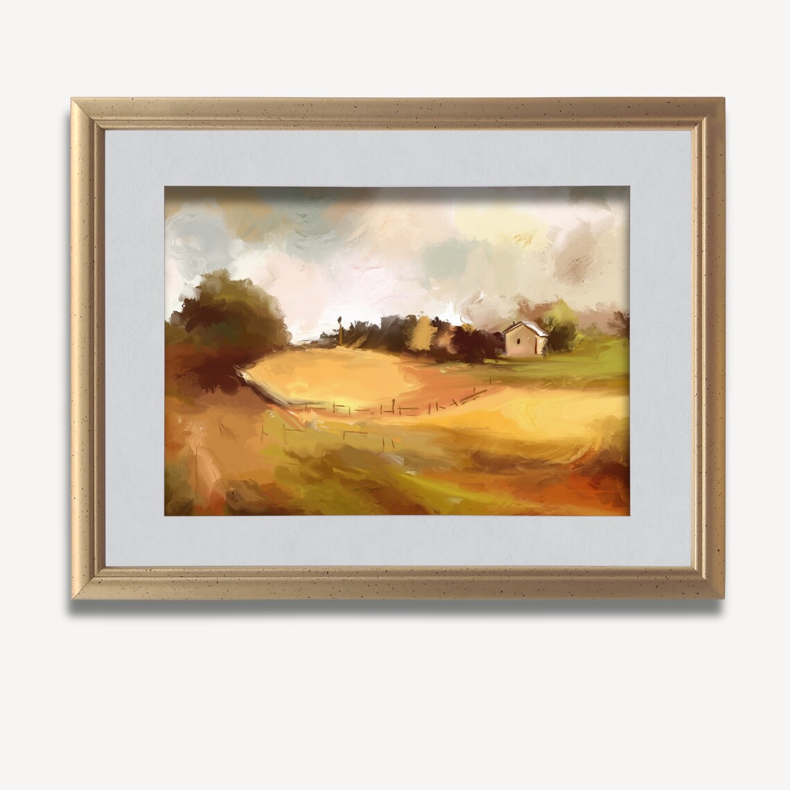 Golden Autumn Field With Farmhouse Rural Landscape Oil Painting Poster - Image 2