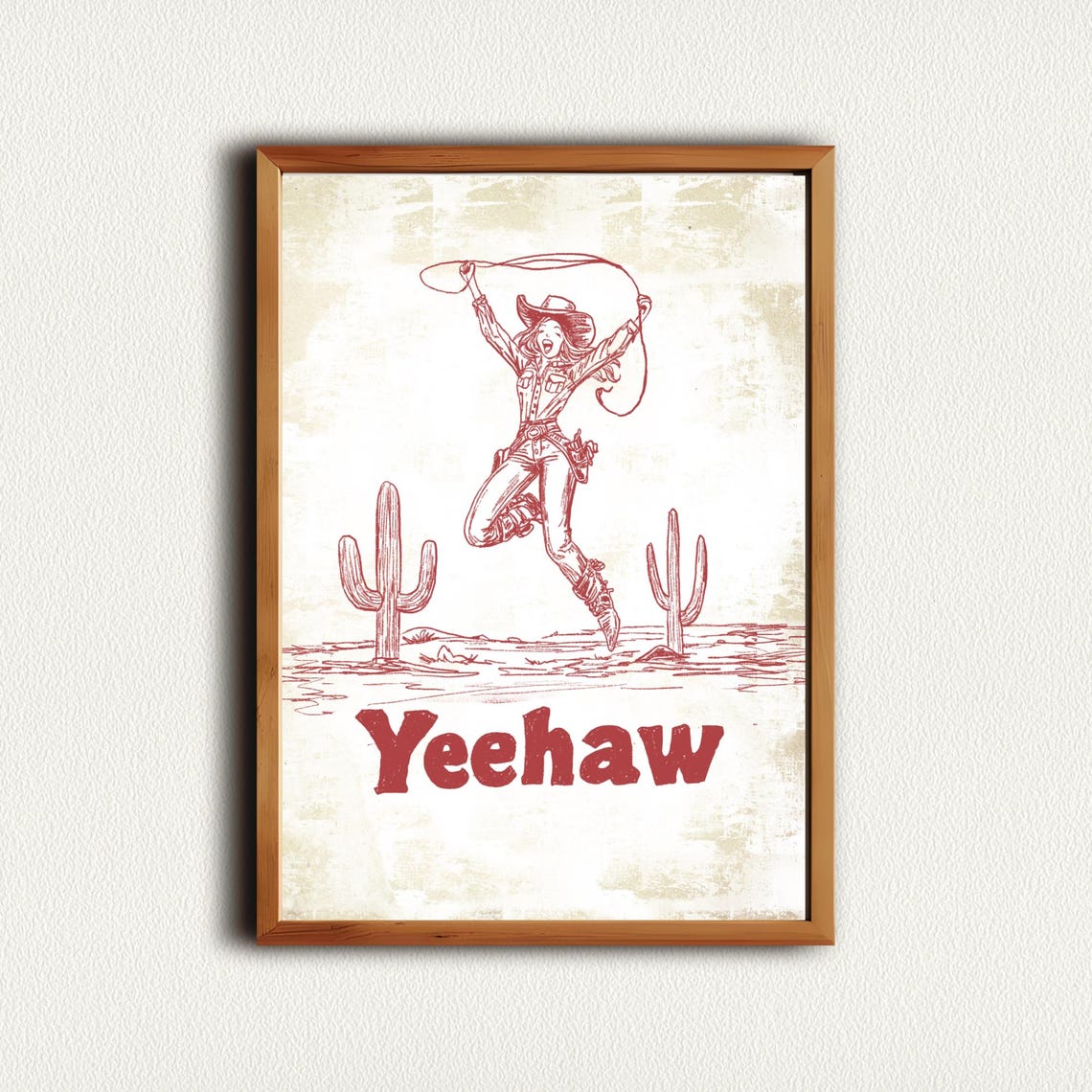 Yeehaw Cowgirl Lasso Desert Cacti Rust Western Line Art Poster - Image 3