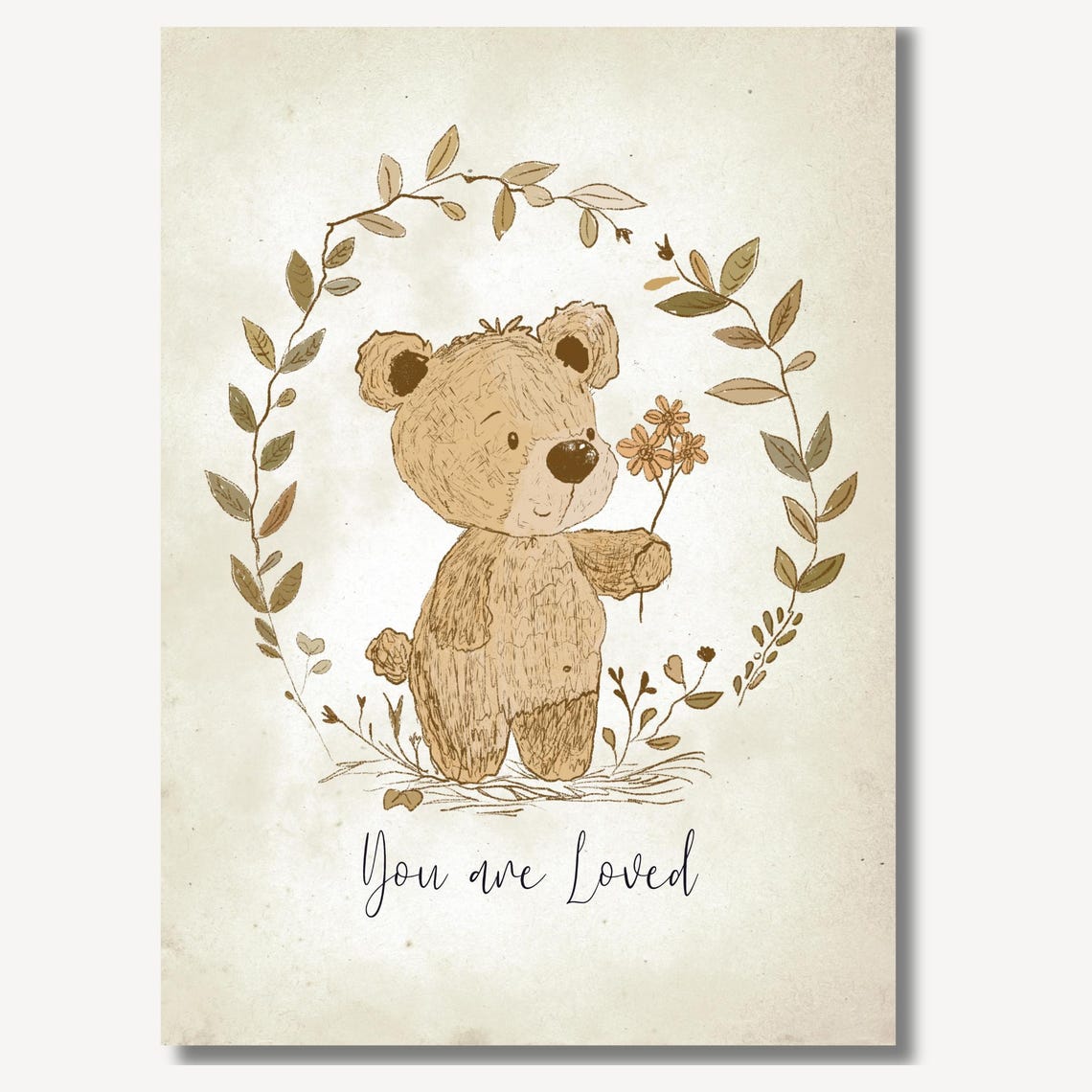 You Are Loved Text Teddy Bear In Leafy Wreath Nursery Quote Poster - Image 2
